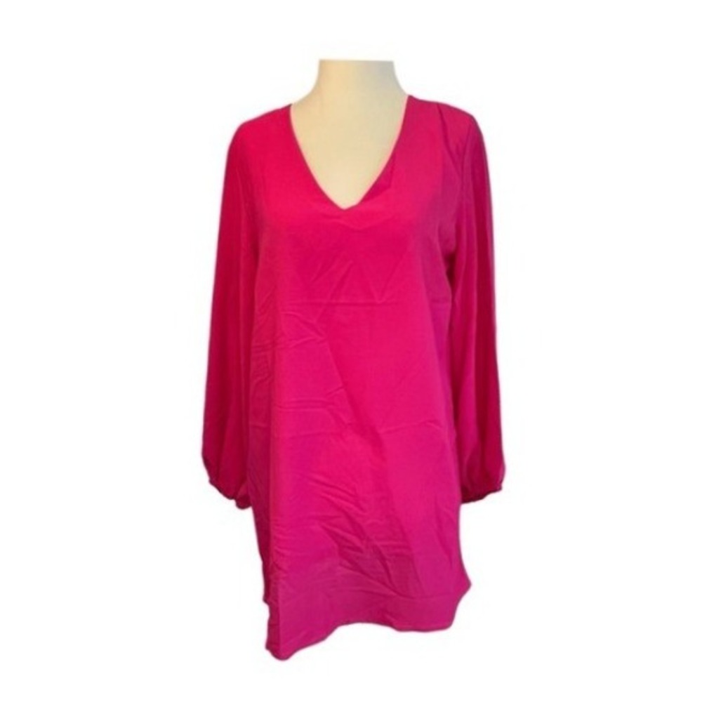 Belongsci Tunic Shift Dress Hot Pink Knit Mini V-Neck Puff Long Sleeve S